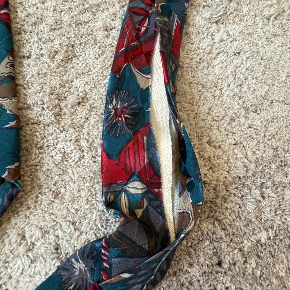 Vintage Abstract Floral Silk‎ Tie Teal Red Geometric Handmade RN43170 3.5x59